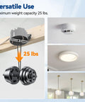 20 Cu Inch Round New Work Ceiling Electrical Box PVC UL Listed Built Tough No Drama Install Impact Resistant Non Conductive Round Junction Box For New Construction Installations Pack Of 6 shown supporting weight and ceiling installations.