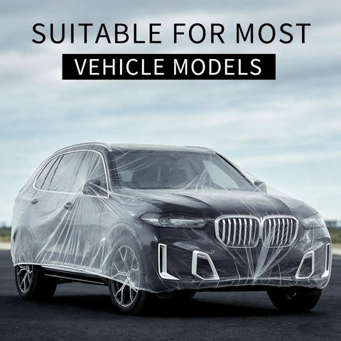 Sedan covered with Four Pack Disposable Plastic Car Covers With Elastic Band Universal Indoor Garage Shield For Sedans And SUVs Clear Rain Dust Protection 12.5 By 21.6 Feet Each.