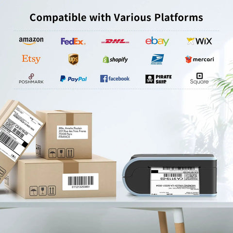 Bluetooth Thermal Label Printer With Built In Paper Bin Wireless Shipping Label Printer For iOS Android Windows Mac ChromeOS USB Or Bluetooth Connection Ideal For Etsy Shopify USPS And Small Biz next to labeled boxes