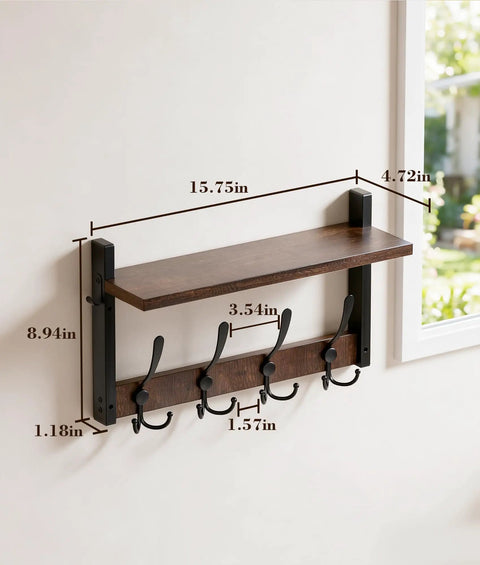 Top Notch Wall Mount Wood Coat Rack Sweet Space Saving Shelf Display Hook System with dimensions and details shown.