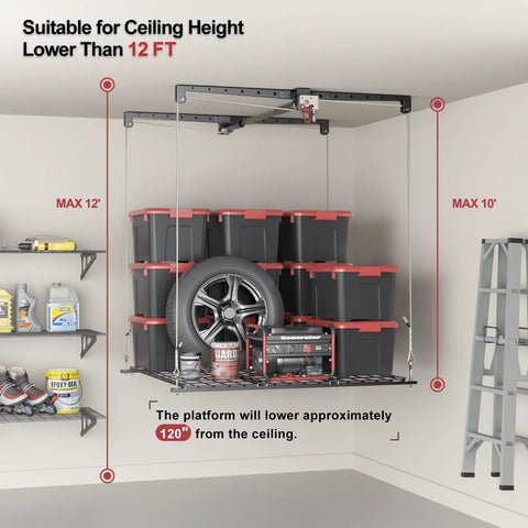 Heavy Duty Overhead Garage Storage Rack For 10 To 12 Ft Ceilings With A Slick Drop Down Release And Rock Solid Safety Locks 4X4 Foot Ceiling Loft Organizer 250 Lb Capacity shown with storage bins and tire.