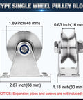 Stainless Steel V Groove Pulley Wheel 2 Pack Tough As Nails Cable Roller 1.89 Inch shown in detailed dimensions and design.