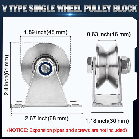 Stainless Steel V Groove Pulley Wheel 2 Pack Tough As Nails Cable Roller 1.89 Inch shown in detailed dimensions and design.