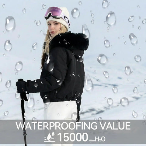 Woman wearing Women's Waterproof Ski Jacket With Windproof Dope Warmth Snowboard Style Snow Coat Short Slim Fit for hiking
