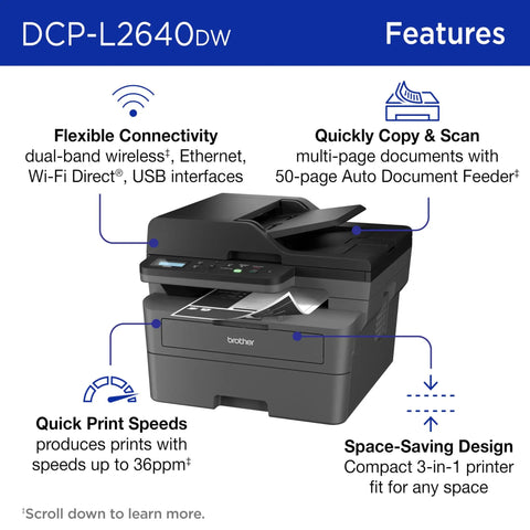 Compact Monochrome 3 In 1 Laser Printer With Copy Scan And Auto Duplex Wireless And Mobile Printing Alexa Compatible showing features
