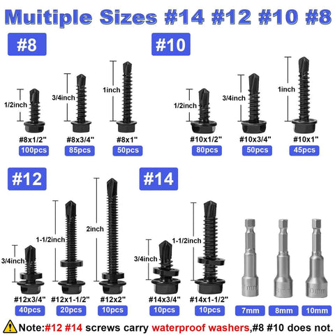 Image of Self Drilling Hex Washer Head Screws Kit With Hex Socket Pro Grade 500 Piece Black Oxide 410 Stainless Steel, showing multiple sizes (#8, #10, #12, #14) and lengths up to 2 inches, ideal for wood and metal applications.