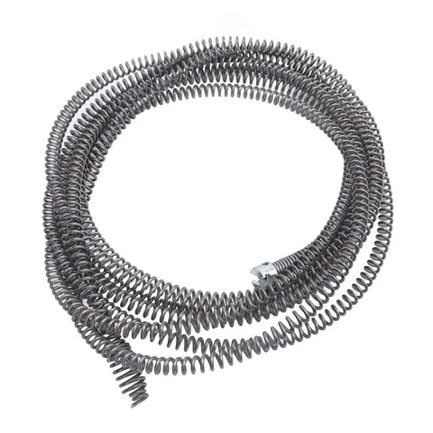 Heavy Duty 16 MM Drain Auger Cable For Drill Powered Plumbing Snake coiled, showing 16mm spring diameter for clearing clogs.