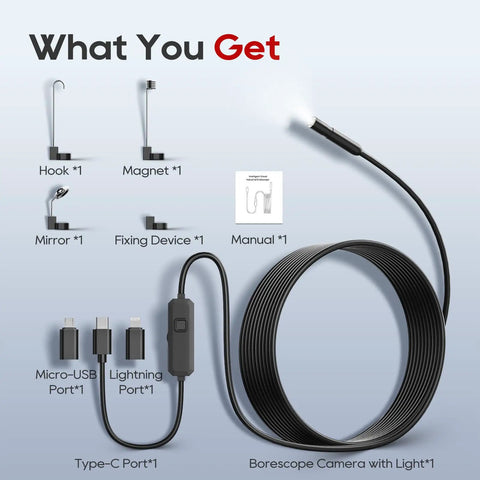 Pro-Grade Endoscope Camera With Light For Android And iOS, 1920P HD Borescope accessories including hooks, magnets, and cables