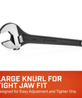 Heavy Duty Adjustable Black Oxide Wrench With Tapered Handle And Hex Jaw Design on white background, ergonomic grip