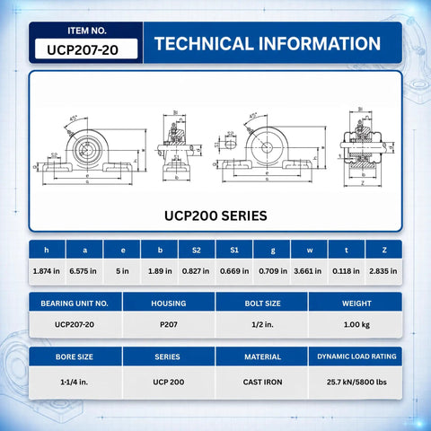 Technical specifications for Heavy Duty UCP207 Pillow Block Bearing 4 Pack 1-1/4 Inch Bore in cast iron material, dimensions listed.
