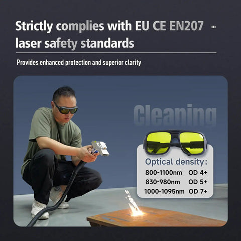 Built Tough Laser Safety Glasses With Top Tier Optic Density And Sleek TR90 Frame on user during high power fiber cleaning tasks.