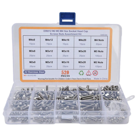 Hefty 304 Stainless Steel Hex Socket Cap Screw Nut Kit With Internal Hex Drive To Resist Stripping For Electronics And Precision Instruments Where Rust Resistance Keeps Threads Clean And Delivers A Knockout Hold That Stands Up To Demanding Tasks, 520 pieces in organized storage box.
