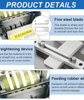 Product details of Fully Automatic Heat Shrink Tube Cutter With Digital Micro Computer Control Slices Up To Three Sleeves At Once showing steel blade, straightening device, and feeding rubber wheel.