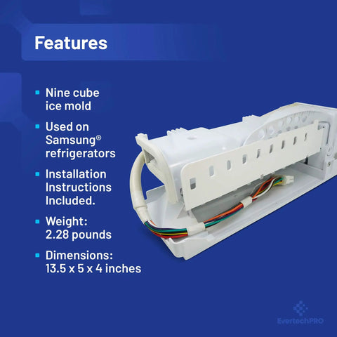 Easy Install Ice Maker Assembly For Samsung Refrigerators RF267 And RF268 Series, nine cube ice mold features displayed.