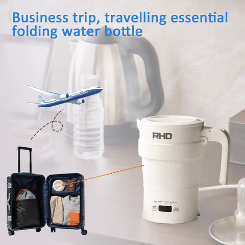 Foldable Electric Kettle 700ml Portable Collapsible Water Boiler With Keep Warm And Delay Start BPA Free 600W 304 Stainless Steel White For Travel Camping displayed ready to be packed.