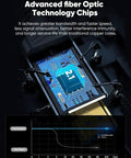 Close-up of advanced fiber optic technology chips in a Premium 50 Foot Fiber Optic HDMI Cable 8K Resolution Native 2.1 Rating.
