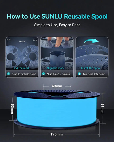 Instructional image showing how to use SUNLU reusable spool for 3D printing, demonstrating alignment and locking steps.