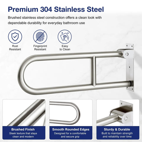 Foldable Toilet Grab Bar 24 Inch Stainless Steel Handrail Heavy Duty Bathroom Safety Rail Flip Up Space Saving Assist Handle Brushed Finish close-up of brushed stainless steel construction.