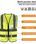 Five Pack Hi Vis Construction Vests Size XXL With 7 Pockets And 360 Degree Reflective Strips Lightweight 100 Percent Polyester Neon Safety Gear For Outdoor Work showing multi-pocket design