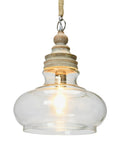 Clear Glass Shade Pendant Light With Distressed Cream Mango Wood Canopy, Rustic Yet Modern Ceiling Fixture That Adds Cozy Rustic Charm To Any Room