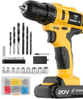 Mean Machine 20V Cordless Drill Driver Set Featuring 3/8 Inch Automatic Spindle Lock Chuck with accessories and battery.