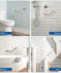 Tough As Nails Heavy Duty 16 Inch Angled Shower Grab Bars 2 Pack shown near toilet, shower, bathtub, and staircase.