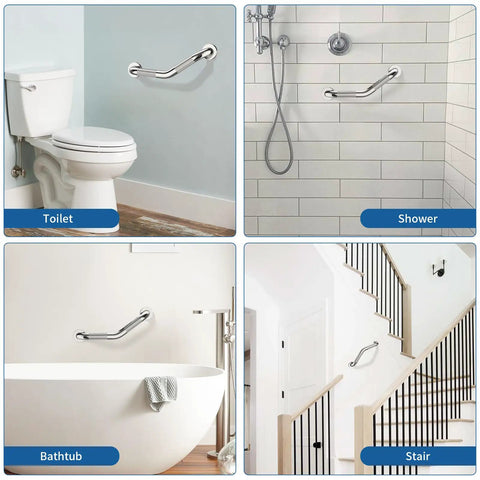 Tough As Nails Heavy Duty 16 Inch Angled Shower Grab Bars 2 Pack shown near toilet, shower, bathtub, and staircase.