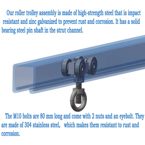 Four Bearing Trolley Assembly With Four Silent Wheels For 1-5/8 Inch Wide And Taller Unistrut Channel, Includes M10 Bolt And Lifting Eye Nuts, Heavy-Duty Galvanized Carbon Steel Construction For Smooth Silent Operation.