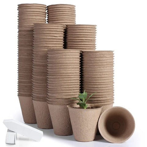 Stacks of 200 Pack 3.15 Inch Biodegradable Peat Pots For Seedlings With 200 Plant Labels Outdoor Garden Germination Starter Kit.