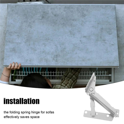 Pair Of Kickass 80 Degree Scissor Hinges For Cabinet Doors And Sofas With Spring Loaded Folding Support shown in installation for space saving.