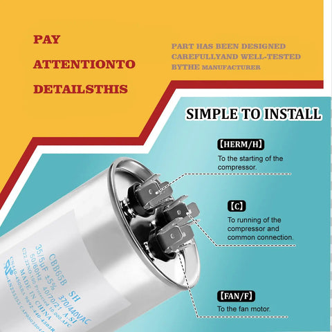 Professional Grade Round Dual Run Capacitor 35 Plus 5 Microfarad 370 440 Volt HVAC Compressor Fan Motor Replacement wiring diagram with labeled terminals.