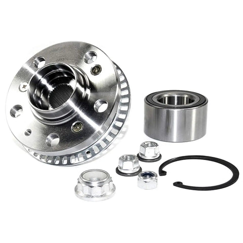 Complete Front Wheel Hub Assembly With Sealed Bearing And Full Mounting Hardware Kit components including hub and bearing.
