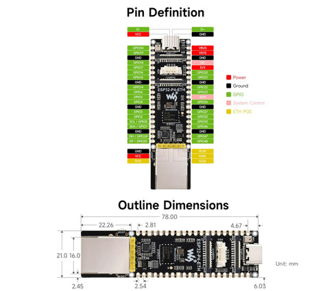 ESP32-P4-ETH development board pin layout and dimensions, Killer P4 Based Development Board With 100 Mbps Ethernet RJ45 Port