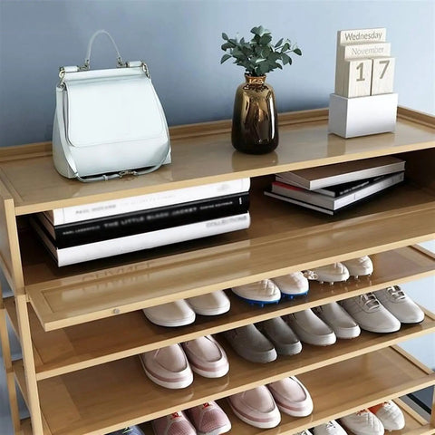 Vertical Shoe Rack With Reinforced Top Storage Box For Entryway Closet And Hallway Slim Space Saving Organizer Holds Up To 45 Pairs Of Kicks showcasing shoes and accessories on shelves.
