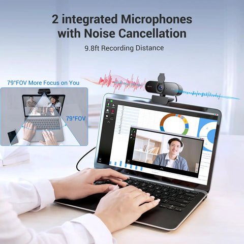 4K Webcam With PDAF Autofocus, Privacy Cover, Dual Mics installed on a laptop for video call, showing streaming quality and microphone range