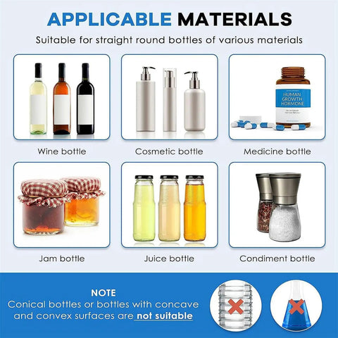Semi Automatic Label Applicator For Round Bottles, Heavy Duty Bottle Tagger With Instant Date Encoder, Cans And Glass Roller, Precision Labeler Built To Last And Operate Like A Boss images of applicable round bottles including wine, cosmetic, and juice bottles.