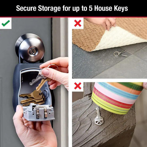 Image showing a Key Lock Box For House Keys Outdoor Portable Lockbox With Resettable Four Digit Code, storing keys securely.