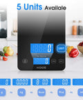Dialed In Kitchen Scale For Precise Cooking And Baking With 33 Pound Capacity Digital Food Scale 1g 0.1oz Graduation Tare Function Type C Charging LCD Display Anti Slip Grams And Ounces Black on kitchen counter with colorful produce.