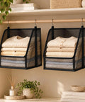 Hangable Closet Shelf Organizer With Soft Fabric Storage Bin to Safeguard Delicate Threads Tidy Dorm Rooms and Small Spaces, featuring stacked sweaters in black fabric bins.