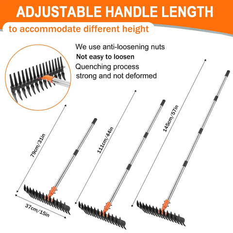 Adjustable handle lengths for Heavy Duty Thatch Rake For Lawn Dethatching, Adjustable Rake For Grass And Soil Debris, Carbon Black Yard Care Tool To Remove Thatch And Rocks, Boost Lawn Health Sunlight And Water Absorption shown in inches.