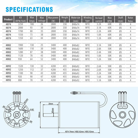 Specifications for Rock Solid Brushless RC Boat Motor With Heavy Duty Water Cooling Jacket High Torque 920KV 4 Pole Design 5MM Shaft.