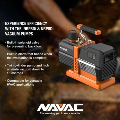 Professional Grade Smart Vacuum Pump For HVAC Systems Featuring Built In Digital Micron Gauge And 6 Cfm Flow Rate With Two Year Warranty, side view.