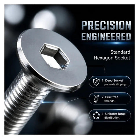 Ultra Low Profile Hex Socket Machine Screws In Tough 304 Stainless Steel Sizing From M2 To M6 For Hella Tight Clearance Fits and Heavy Duty Metalwork Assembly With A Slick Flush No Fuss Design, showing detailed deep hex socket.