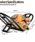 Foldable Firewood Rack For Indoor And Outdoor Use Heavy Duty Metal Wood Holder Keeps Logs Dry And Organized By Fireplace Firepit Or Stove Sturdy Storage With Easy Assembly with 80 lbs capacity and dimensions 25.6 x 11.8 inches.