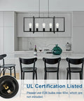 Modern Farmhouse Kitchen Island Chandelier with Industrial Matte Black Finish Open Geometric Frame 5 Light Island Light Fixture for Dining Room Kitchen and Living Room Adjustable Height for a Cool Rugged Yet Elegant Home Vibe, shown over white kitchen island with black chairs.