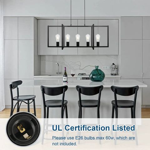 Modern Farmhouse Kitchen Island Chandelier with Industrial Matte Black Finish Open Geometric Frame 5 Light Island Light Fixture for Dining Room Kitchen and Living Room Adjustable Height for a Cool Rugged Yet Elegant Home Vibe, shown over white kitchen island with black chairs.