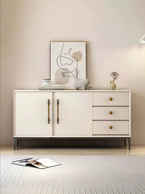 White cabinet with antique brass cabinet knobs, showing 10 pack 28mm round single hole drawer pulls, zinc alloy on drawers and doors.