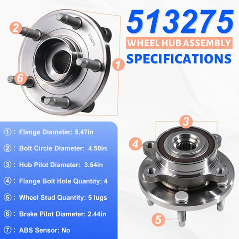 Solid As A Rock Front And Rear Wheel Hub Bearing Assembly Pair Designed Direct For Ford Edge Flex Taurus And Lincoln 513275 specifications on a wheel hub assembly.