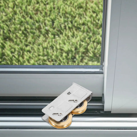 Heavy Duty Sliding Door Window Pulley Replacement Set Featuring Smooth Glide Dual Copper Wheels For Patio Doors, installed close-up