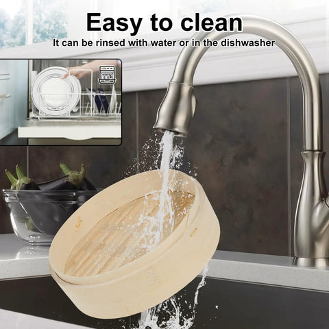 Two Tier Bamboo Food Steamer Basket For Dumplings And Fresh Seafood With No Sweat Cleanup under running water for easy cleaning.